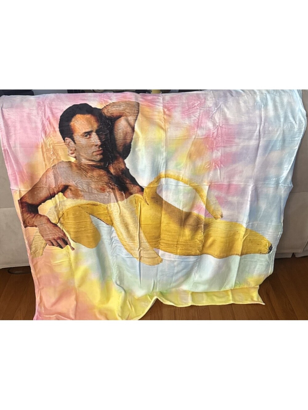Nicolas Cage Banana soft throw blanket - Rainbow/pastel/tie-dye background NEW